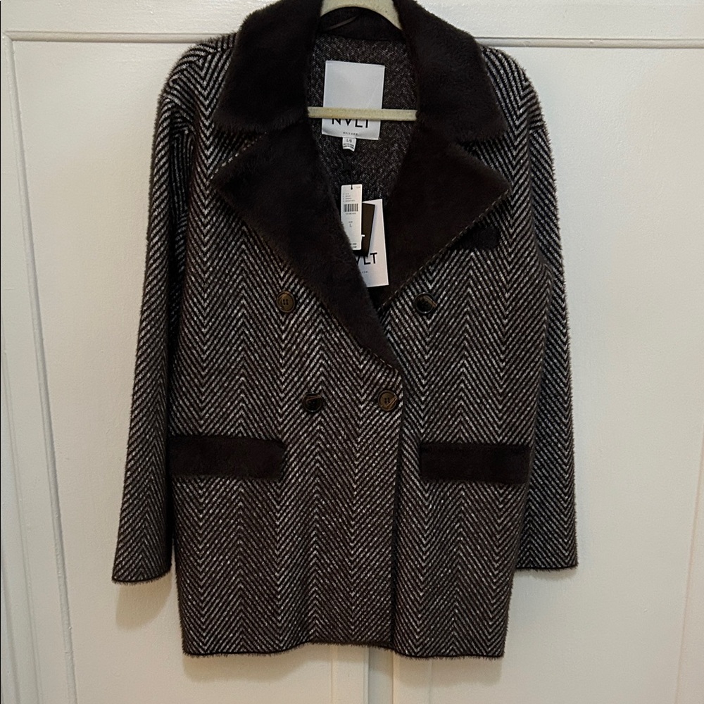 Anthropologie NVLT Elegant Herringbone Sweater Pea Coat in Black and Brown